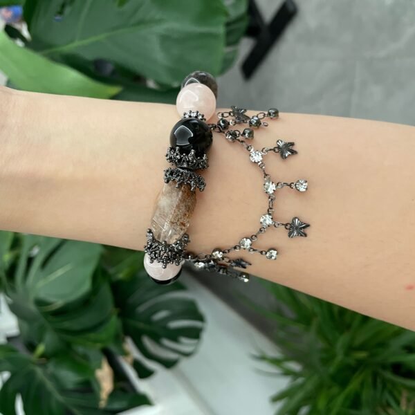 Artisan Rose Quartz, Rutilated Quartz & Obsidian Crystal Bracelet - Image 5