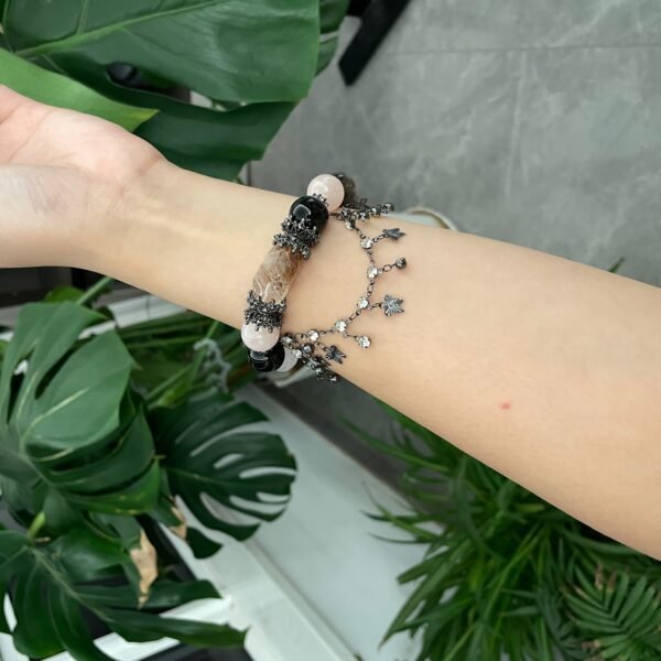 Artisan Rose Quartz, Rutilated Quartz & Obsidian Crystal Bracelet - Image 4