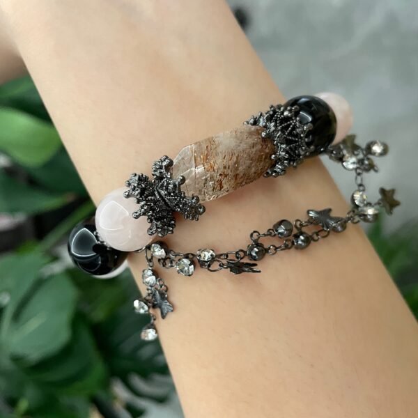 Artisan Rose Quartz, Rutilated Quartz & Obsidian Crystal Bracelet - Image 8