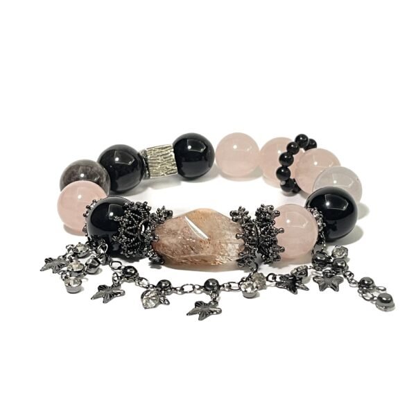 Artisan Rose Quartz, Rutilated Quartz & Obsidian Crystal Bracelet