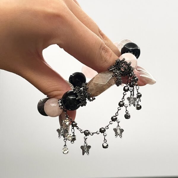 Artisan Rose Quartz, Rutilated Quartz & Obsidian Crystal Bracelet - Image 2